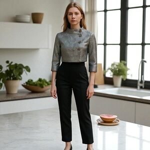 ✨ NWT VTG Harold’s Metallic Silver Brocade Cropped Jacket – Size 2 ✨